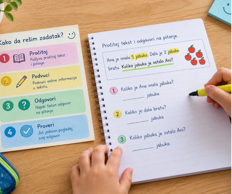 Dete rešava matematički zadatak uz četiri jednostavna koraka: pročitaj, podvuci, odgovori i proveri.