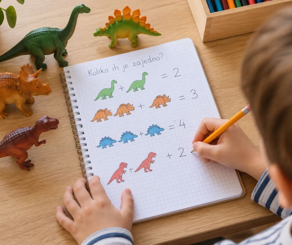 Dete rešava matematičke zadatke u svesci, okruženo figuricama dinosaurusa.